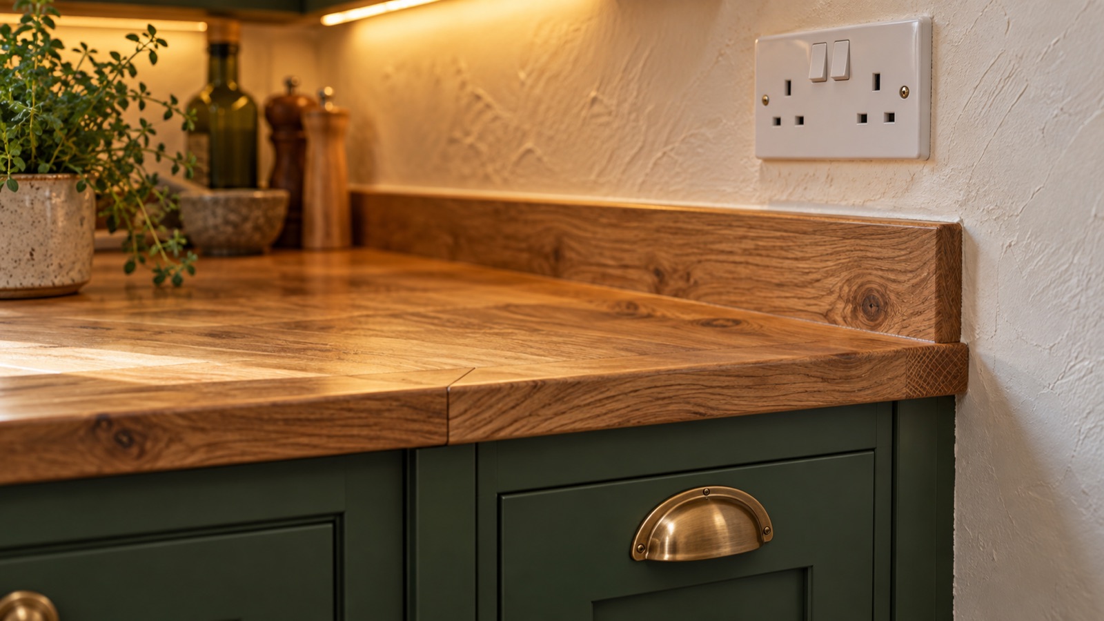 Oak worktop scribed to the wall with a mitred joint, upstand, sealant line and a socket above