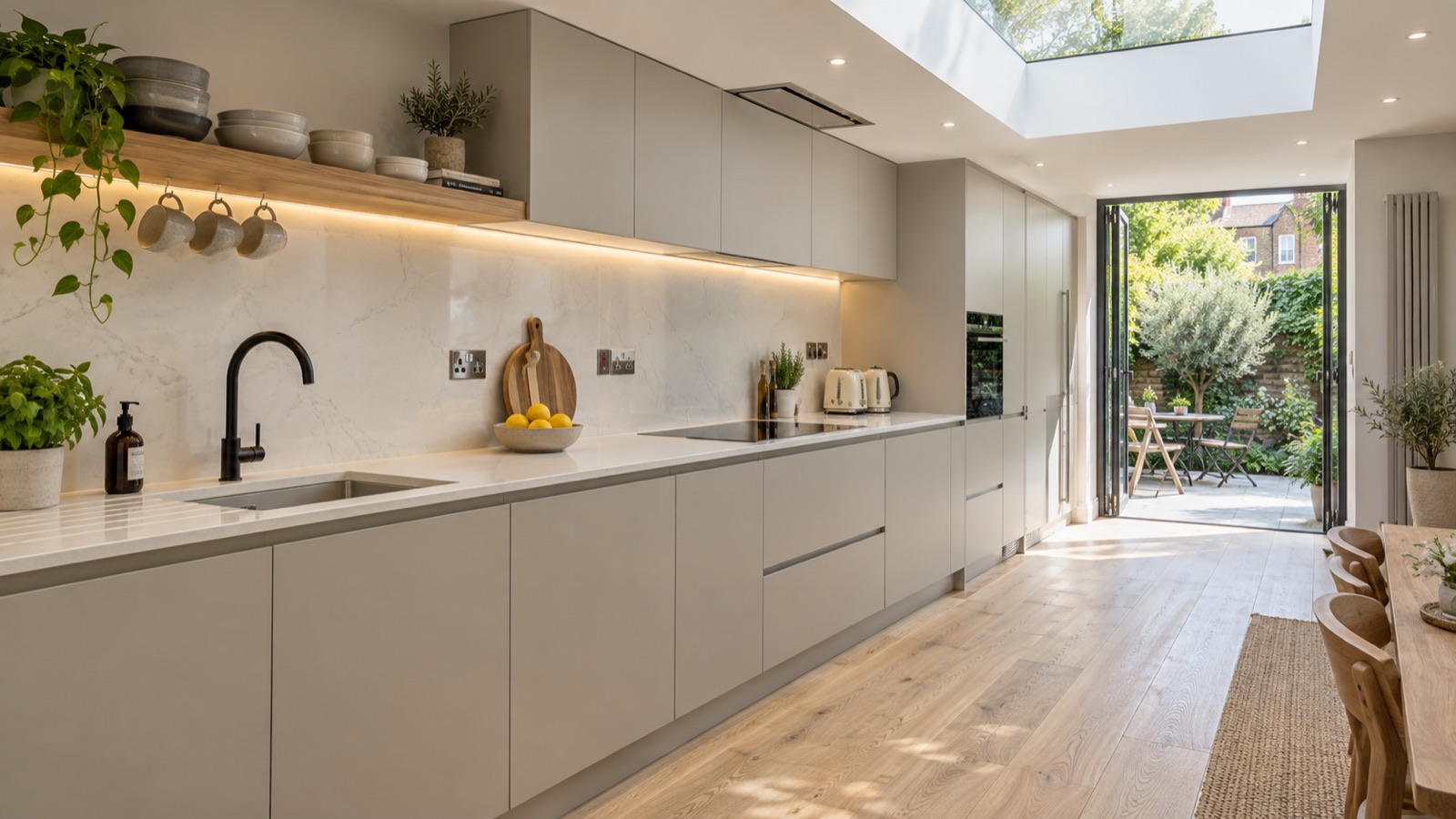 Handleless kitchen with sockets set into the quartz splashback and under-cabinet lighting